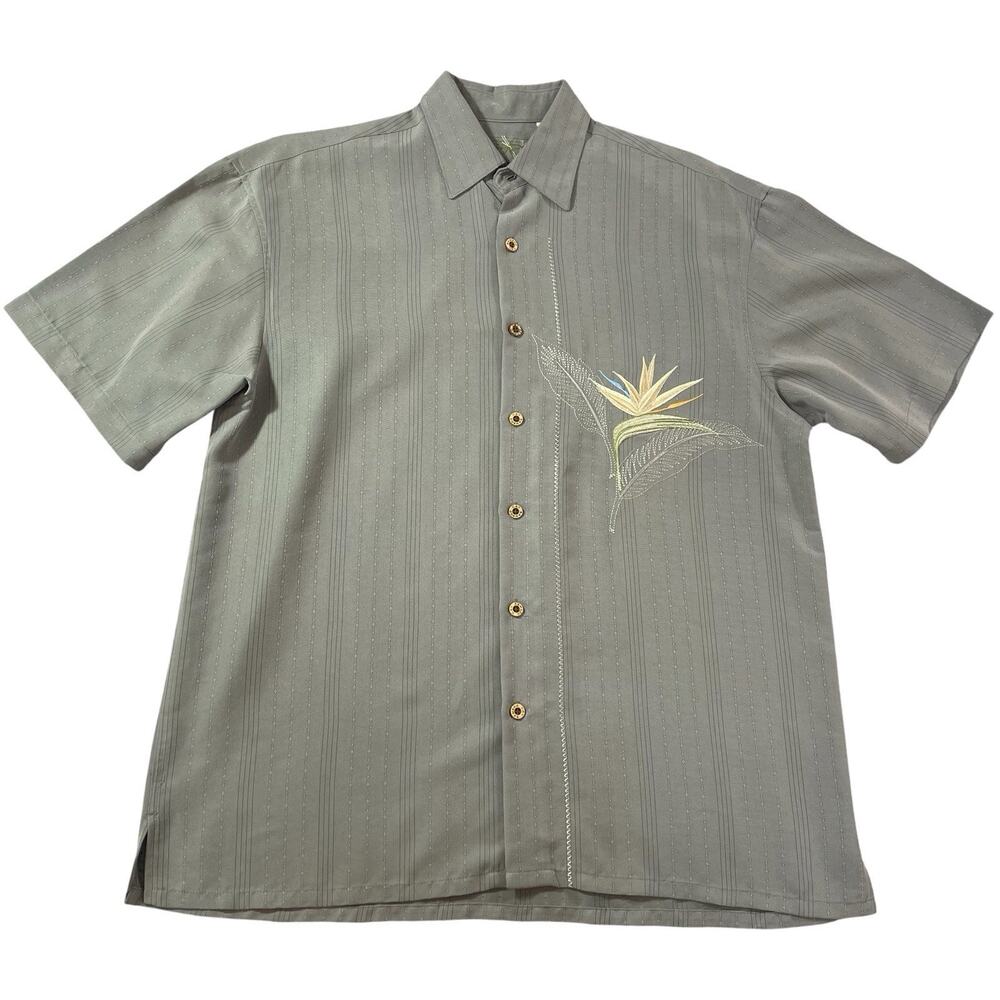 Bamboo Cay Bird of Paradise Embroidered Camp Shirt Ocean Gray Men's Size Small